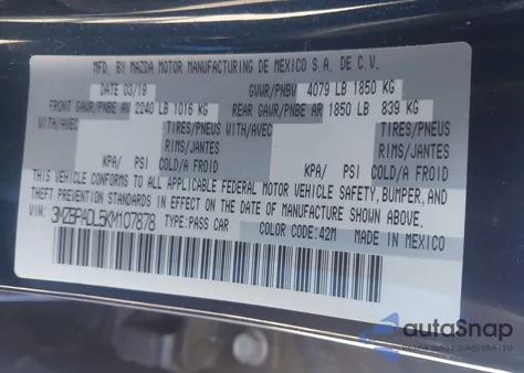 2019 Mazda Mazda3 Preferred Package из США, поврежденный, VIN 3MZBPADL5KM107878